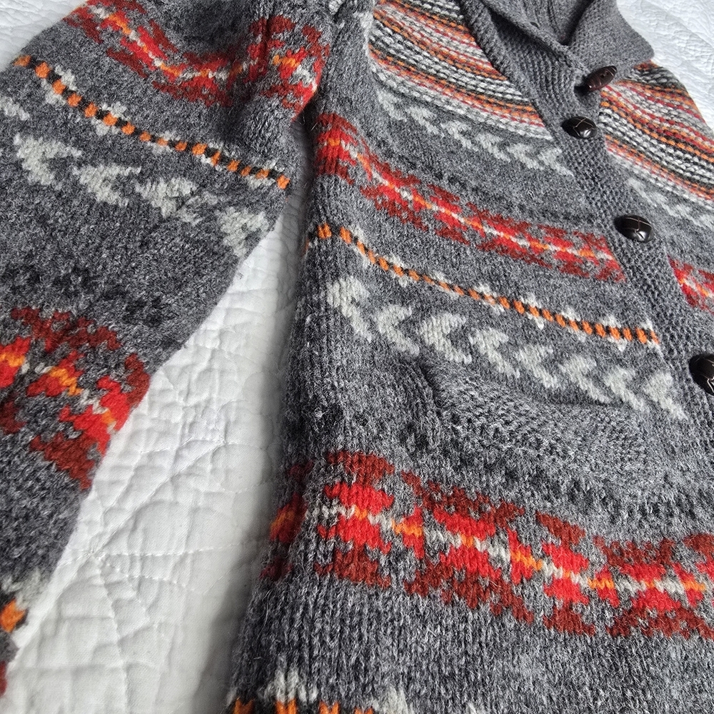 Woolrich Gray Shawl Collar Fair Isle Wool Cardigan with Red & Orange Accents - Picture 4 of 14